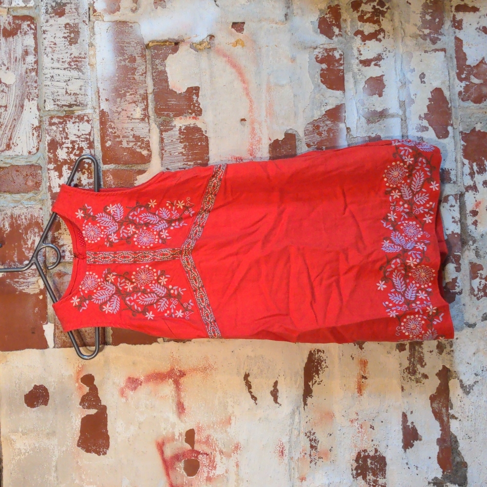 Red Anthropologie Aiko Embroidered Floral Shift Dress Petite Sz 0P